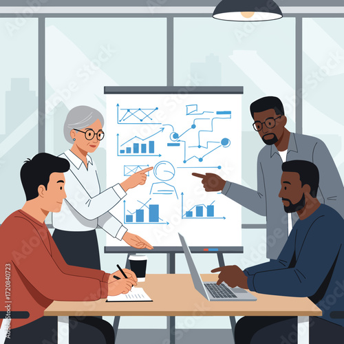 Vector Illustration of Business Team Analyzing Data Charts in Modern Office Style with Graphs and Charts