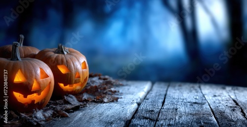 Carved Halloween pumpkins glowing in a spooky forest setting at night, sitting on a weathered wooden table with fallen leaves