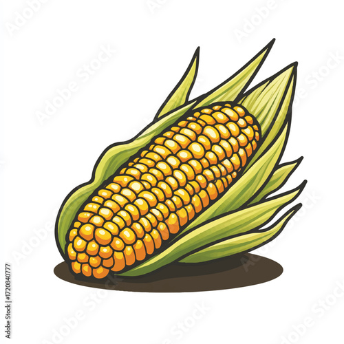 Close up of a corn cob with vibrant yellow kernels and green leaves