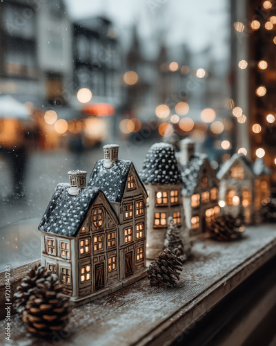 Miniature ceramic houses with glowing windows sit on snowy windowsill, surrounded by pinecones. warm bokeh lights in background create cozy, festive atmosphere