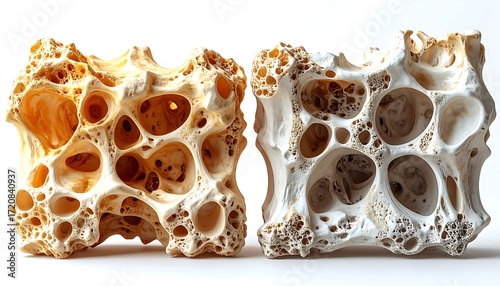 A highly detailed medical illustration showcasing a side-by-side comparison of normal, dense bone tissue and porous, osteoporotic bone, highlighting the impact of bone degeneration