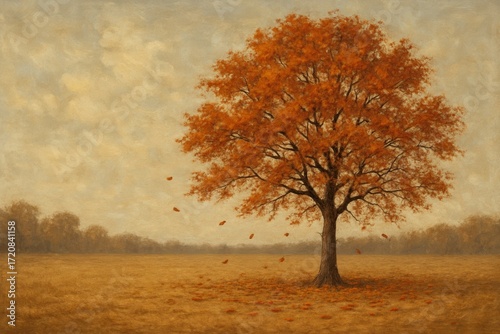 A solitary tree stands boldly against a backdrop of a tranquil field, displaying a burst of autumnal hues as its leaves gently fall, creating a serene and evocative landscape.