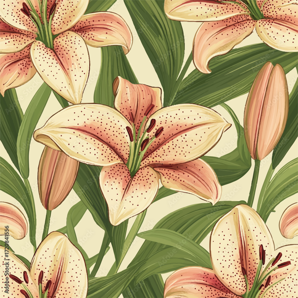 Obraz premium Closeup of delicate pink lilies with detailed petals and green leaves