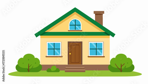 Charming Cartoon House with Green Roof and Bushes A Vector Illustration