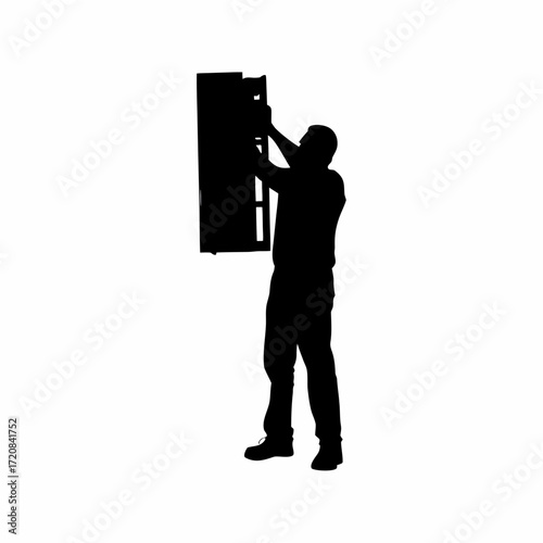 Technician installing cloud backup server silhouette on white background