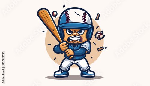 Angry Baseball Mascot with Broken Bat A Flat Vector Illustration