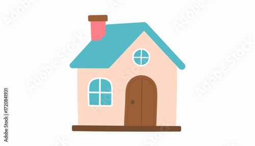 Cartoon house illustration with a blue roof and a chimney on a white background, perfect for design