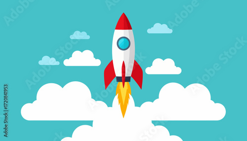 Rocket Launch A Colorful Illustration of a Rocket Taking Off into the Sky with Clouds