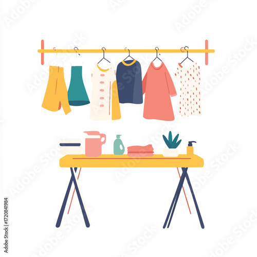  Clothes hanging on a rack with an ironing board in front.