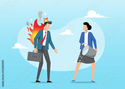 A businessman, stands visibly distressed with flames and smoke erupting from his back