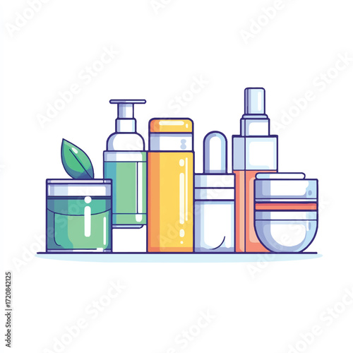 Collection of assorted cosmetic bottles and jars with a leaf accent.