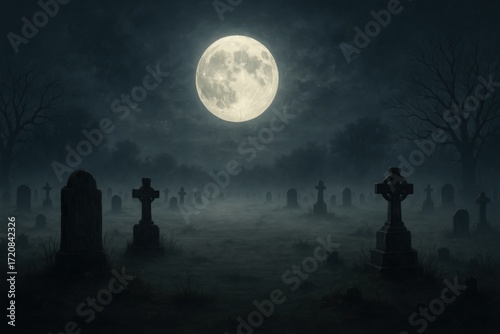 A chilling scene unfolds in a moonlit graveyard, a full moon casting an ethereal glow over weathered headstones and crosses shrouded in an eerie mist.