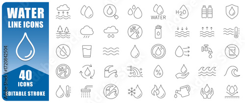 Water Line Icon Set Features 40 Editable Stroke Thin Line Symbols Including Drops, Waves, Taps,  And H2O Elements. Perfect For Apps, Infographics, Websites, And Design Projects. Isolated Vector  