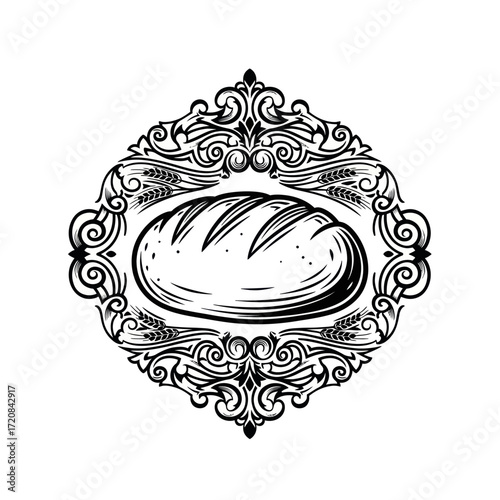 A black and white illustration of a loaf of bread within an ornate, decorative frame with wheat stalks.