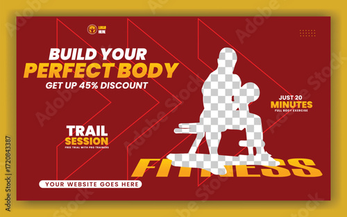 Fitness gym social media post banner template with black and yellow color. Grunge brush stroke effect Workout fitness and Sports social media post banner 