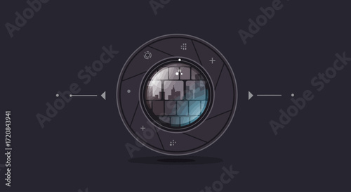A sleek flat design illustration of a camera lens, representing cinematography and the technical artistry of filmmaking at the Vancouver International Film Festival. 