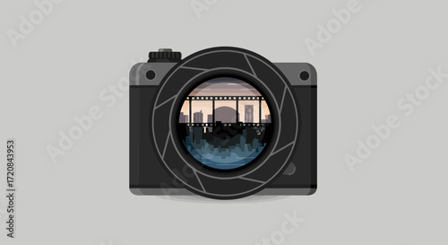 A sleek flat design illustration of a camera lens, representing cinematography and the technical artistry of filmmaking at the Vancouver International Film Festival. 