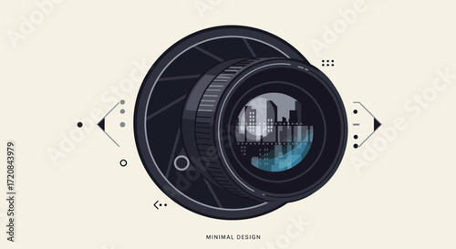 A sleek flat design illustration of a camera lens, representing cinematography and the technical artistry of filmmaking at the Vancouver International Film Festival. 
