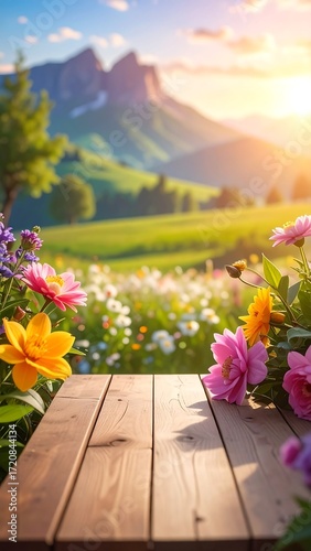 Wooden table in a field of flowers with mountains in the background