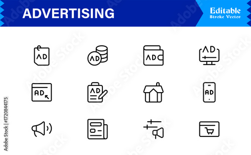 Professional Advertising Line Icon Set with Modern Minimal Design, Unique Marketing Symbols, and Clean Vector Style for Premium Digital Use