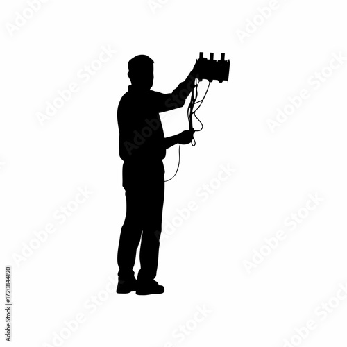 Technician plugging devices into power strip silhouette on white background