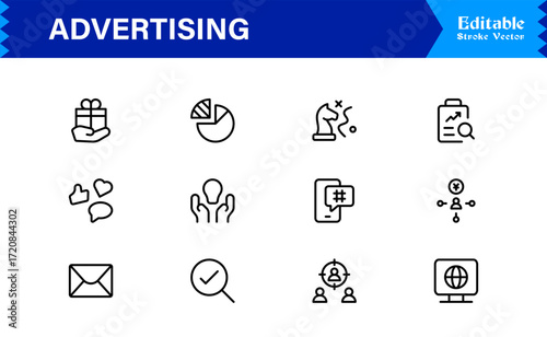 Professional Advertising Line Icon Set with Modern Minimal Design, Unique Marketing Symbols, and Clean Vector Style for Premium Digital Use