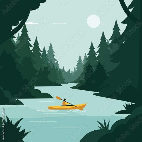 Minimalist Vector Illustration of Kayaker in River Scene with Pine Forest in Modern Nature Style Bright Green Colors
