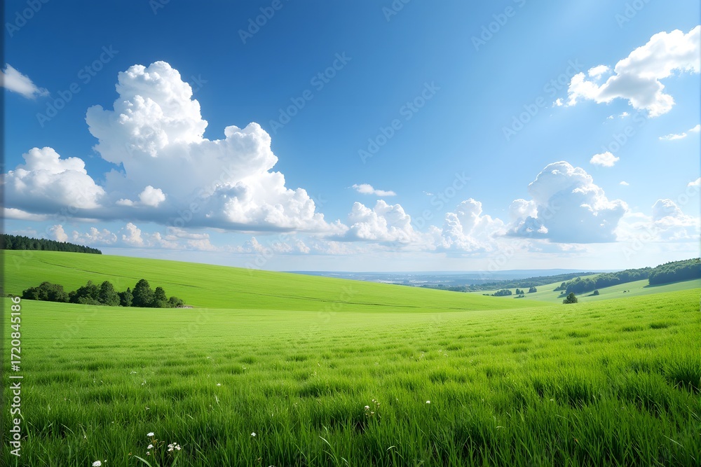 Fototapeta premium Lush green fields under a bright blue sky with fluffy white clouds.