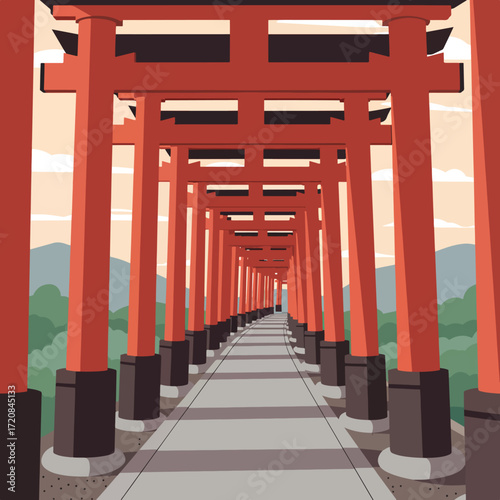 Vector Illustration of Torii Gate Pathway in Modern Style with Repeating Red Wooden Structures and Natural Background