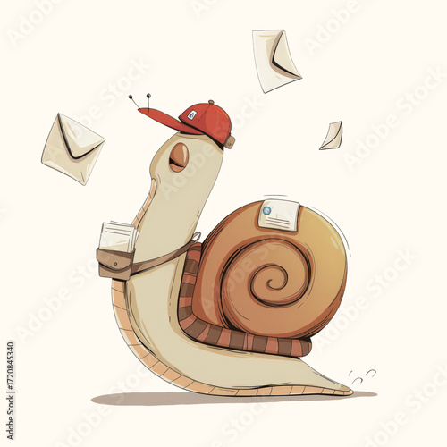 Cute cartoon snail in cap carrying letters and delivering mail.