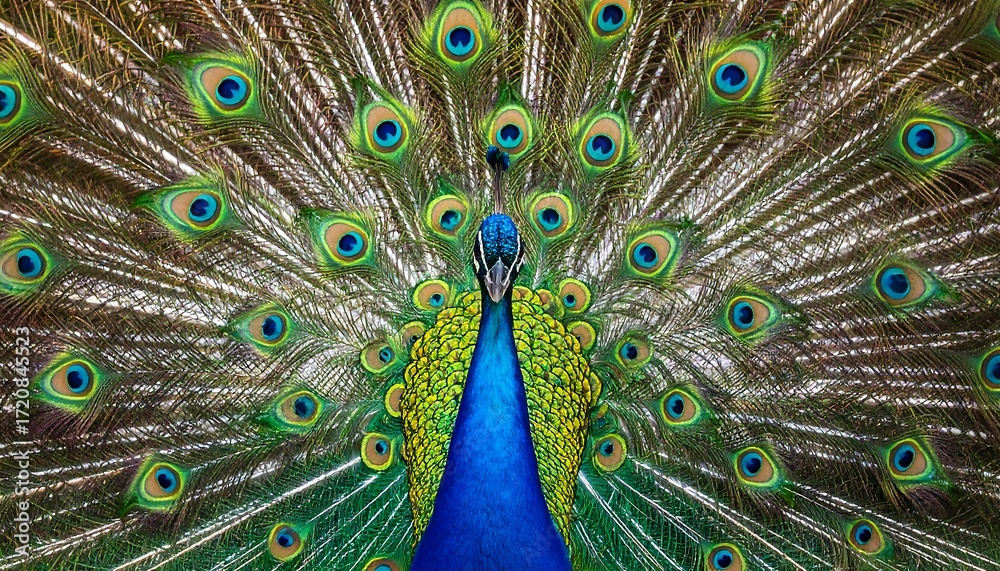 Obraz premium A vibrant peacock displays its magnificent, colorful plumage in a close-up, eye-catching image.