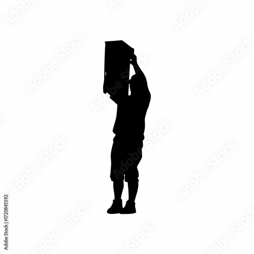 Silhouette of technician repairing network box at roadside on white background silhouette