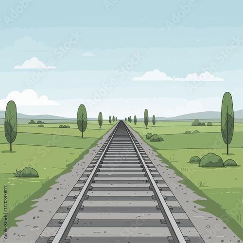 Vector Background Scenic Railway Track in Minimalist Style with Natural Landscape Elements