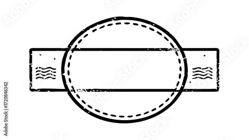 Oval shape with dashed outline intersected by a rectangular banner with wave like marks on both sides