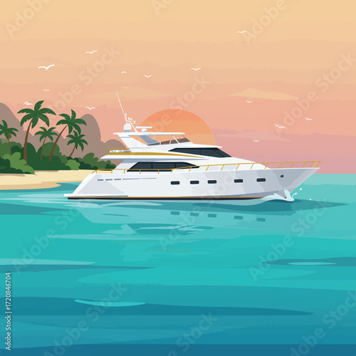 Modern Vector Illustration of Yacht Sailing at Sunset with Tropical Island in Background