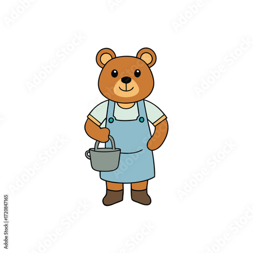 Cute cartoon brown bear wearing blue overalls and holding a gray bucket teddy bear illustration