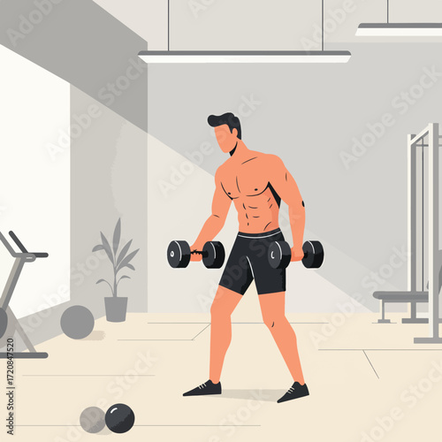 Minimalist Vector Illustration of Man Lifting Dumbbells in Gym Style in Modern Fitness Design