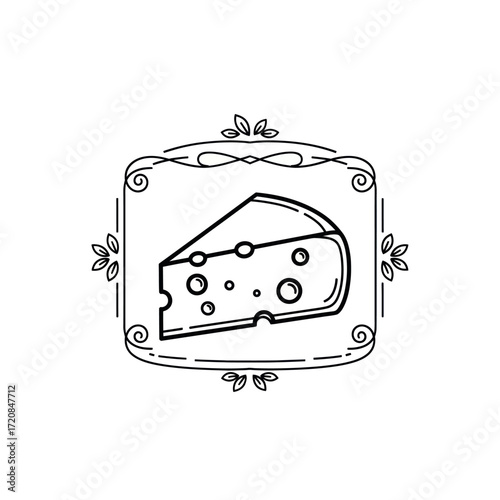 A black and white line art illustration of a wedge of Swiss cheese inside an ornate, vintage-style decorative frame.