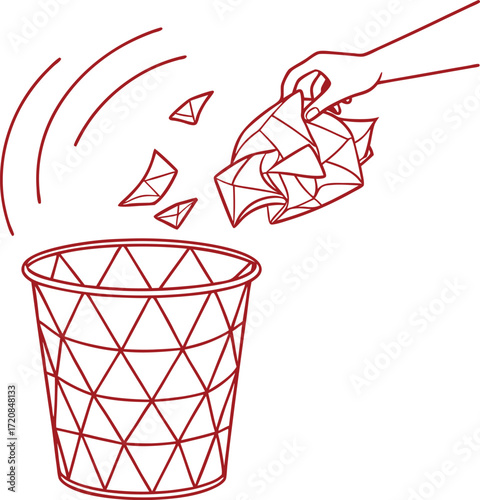 Geometric line icon of throwing crumpled paper into trash basket.