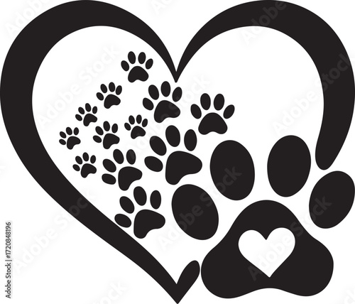 Black heart shape filled with various sized dog paw prints and one large paw print with a heart inside