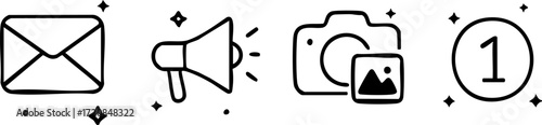 Notification icons set with mail megaphone camera and number one in a circle.