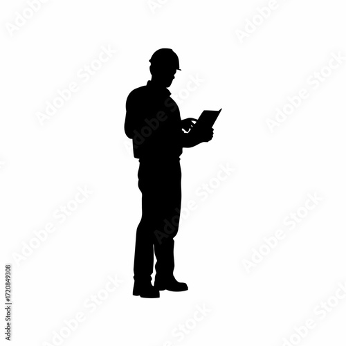 Silhouette of technician updating antivirus software on white background silhouette
