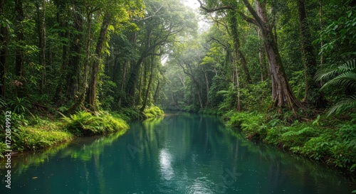 Serene Jungle River Flowing Through Lush Green Forest