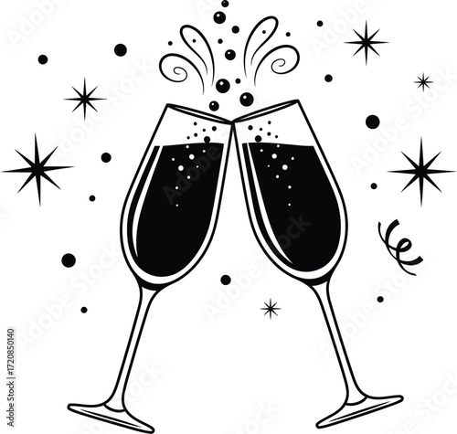 Celebratory champagne glasses clinking with sparkling bubbles and festive stars