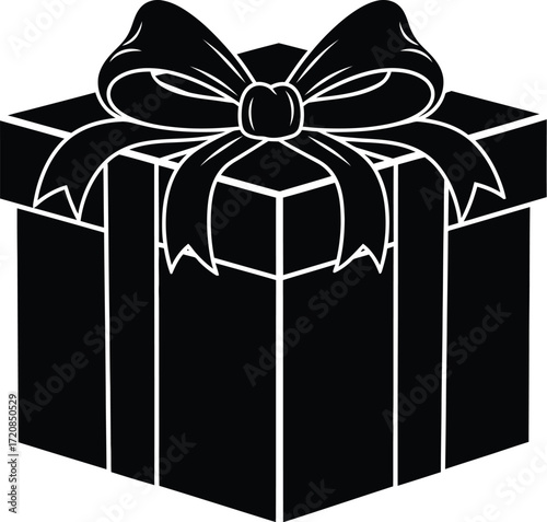 Elegant black and white illustration of a wrapped gift box with a bow, symbolizing celebration and surprise.
