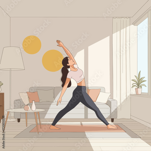 Minimalist Vector Illustration of Woman Yoga Pose in Modern Living Room Style with Neutral Colors and Sunlight