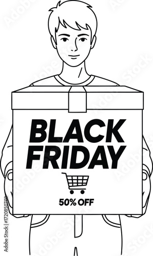 Young man proudly holding a "Black Friday 50% OFF" box, promoting holiday sales and discounts