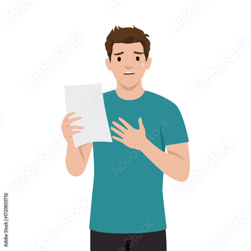 Shocked Man Reading Paper Document. Flat vector illustration isolated on white background