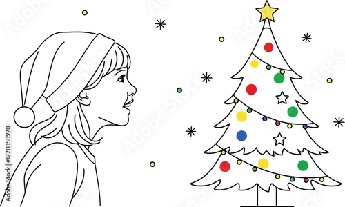 Child in Santa hat gazes with wonder at a decorated Christmas tree with falling snow.