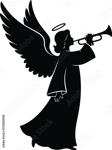 Angel blowing a trumpet, announcing divine news with wings and halo.